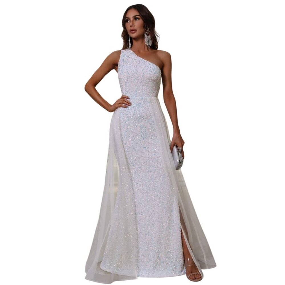 One-Shoulder Dress White Sequin Gown With Detachable Tulle Skirt Size 2
